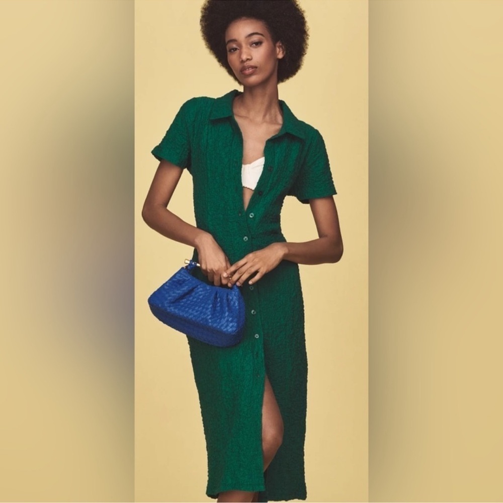 NWT! Anthropologie Green Textured Short-Sleeve Collared Button Midi Dress 🪅
